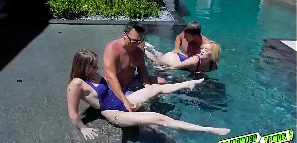  Babes Katie Kush and Kenzie Madison dripping pussies gets a hard dick down from their horny papas